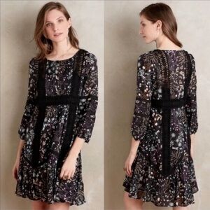 Boho Anthropologie Mouulinettte Soeurs floral black dress size 0
